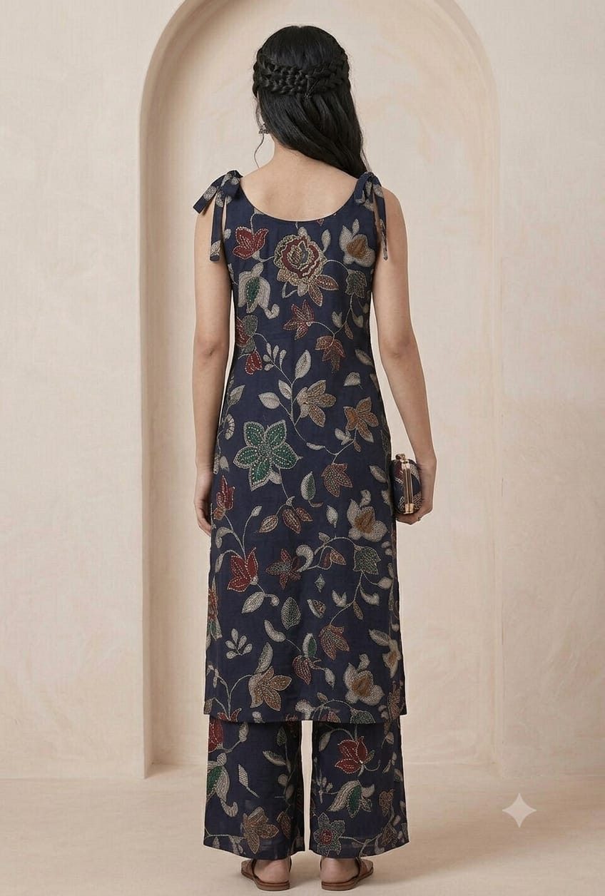 Custom navy kurta set, back view
