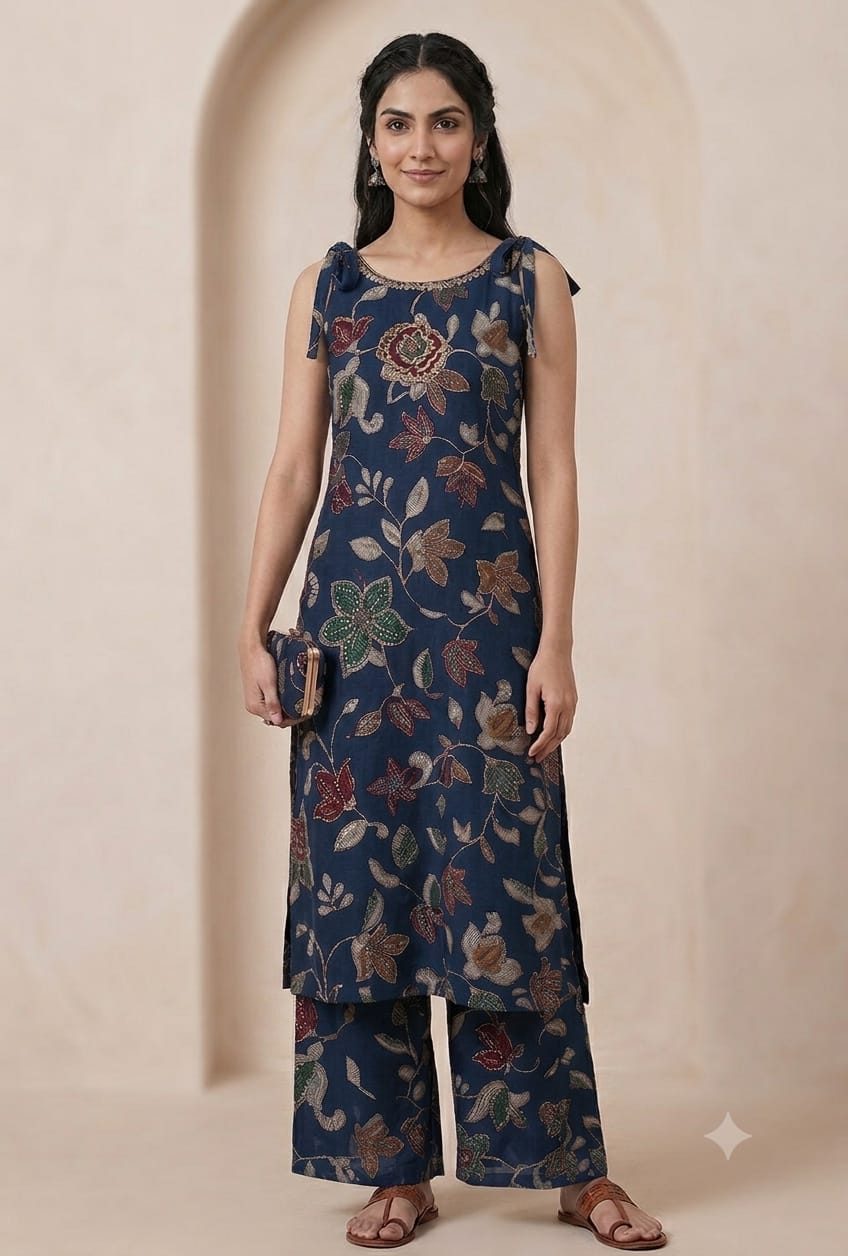Custom navy kurta set, front view